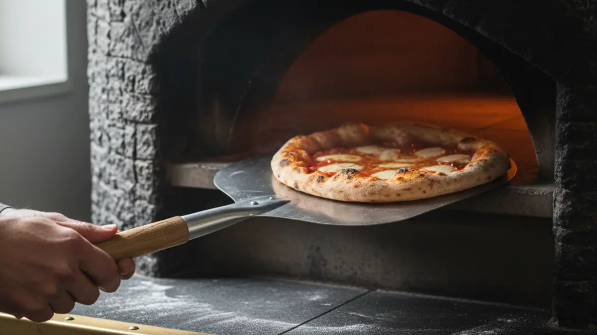 Pizzabodem draaien met een metalen schep in de oven