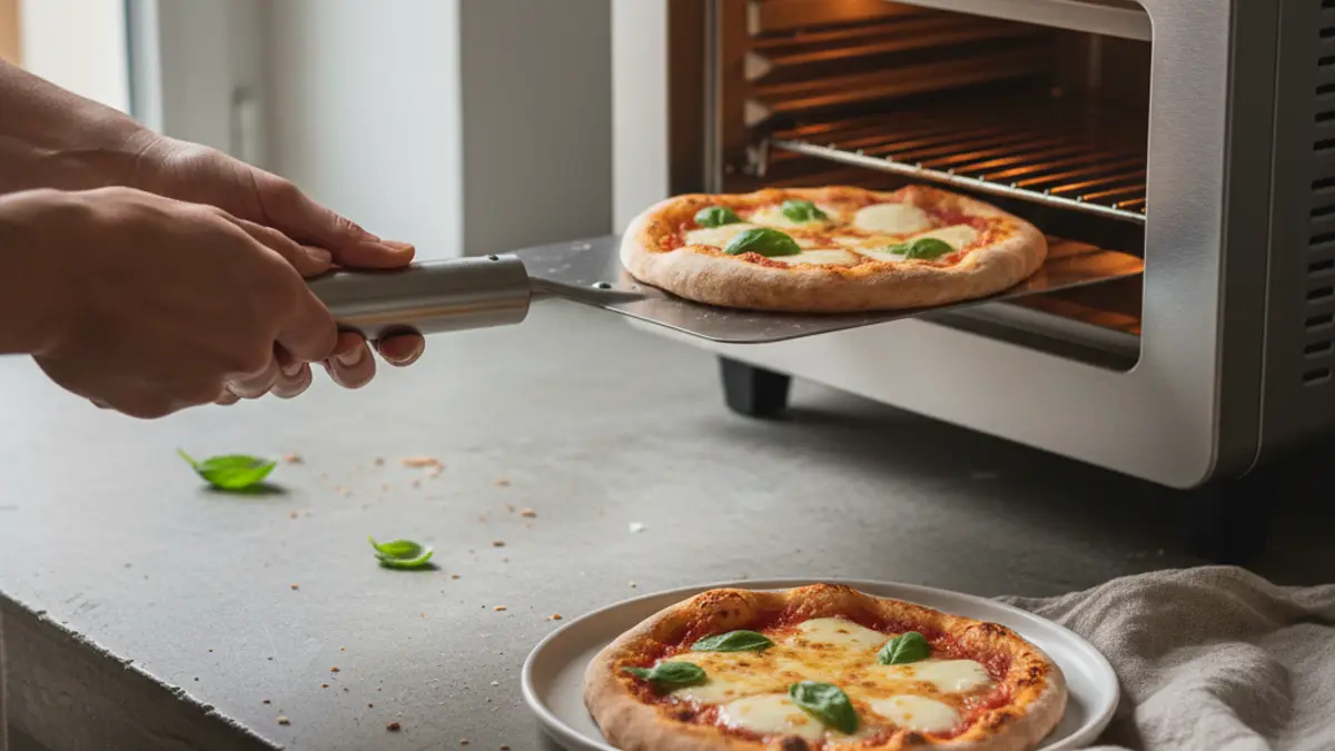 Mini pizza op een metalen spatel die in de ovenopening geschoven wordt