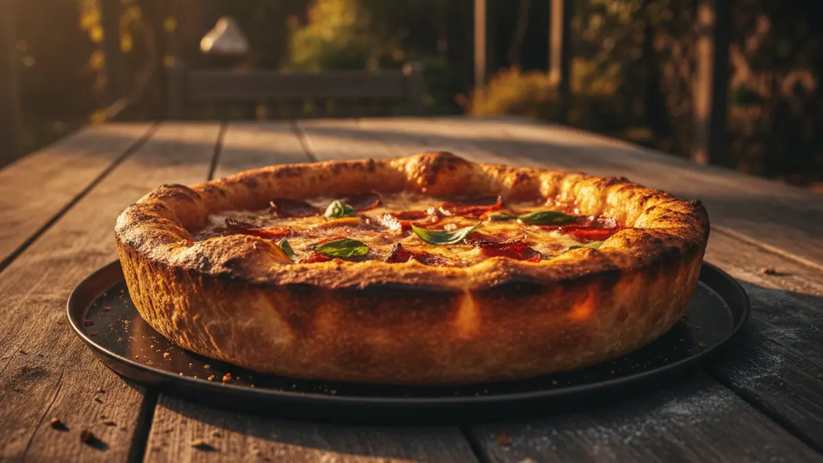 Pizza qui cuit dans un four chaud en chaleur statique (sole et voûte)