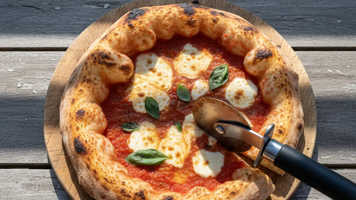 Pizza fraîchement cuite et croustillante découpée sur une planche en bois