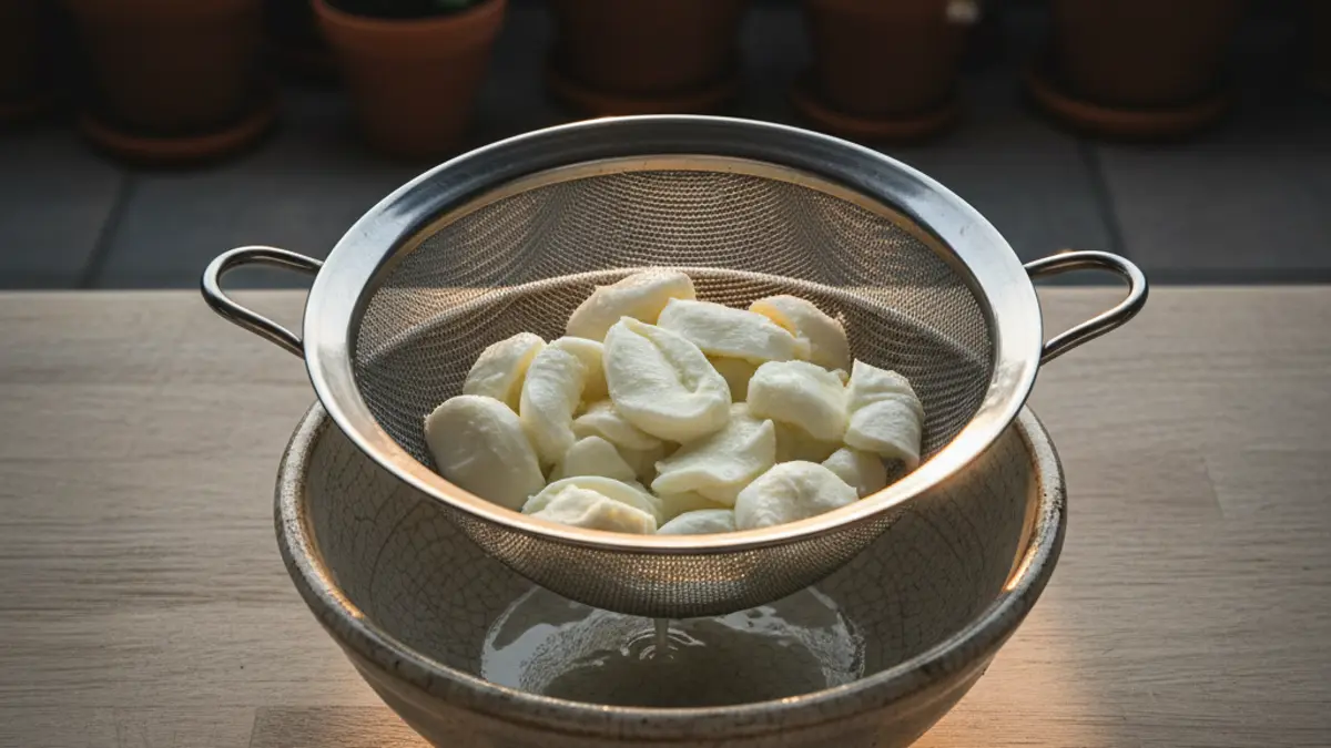 Uitgelekte reepjes verse mozzarella in een zeef