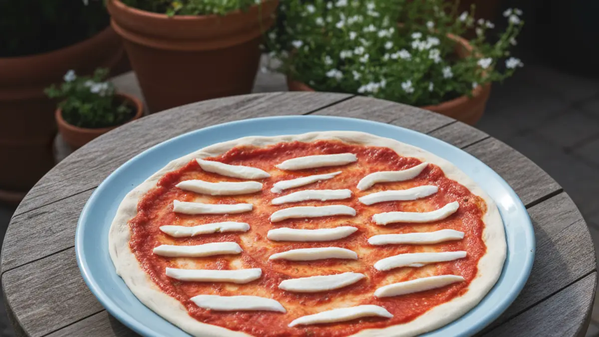 Gelijkmatig verdeelde reepjes mozzarella op een ongeplakte pizza met tomatensaus