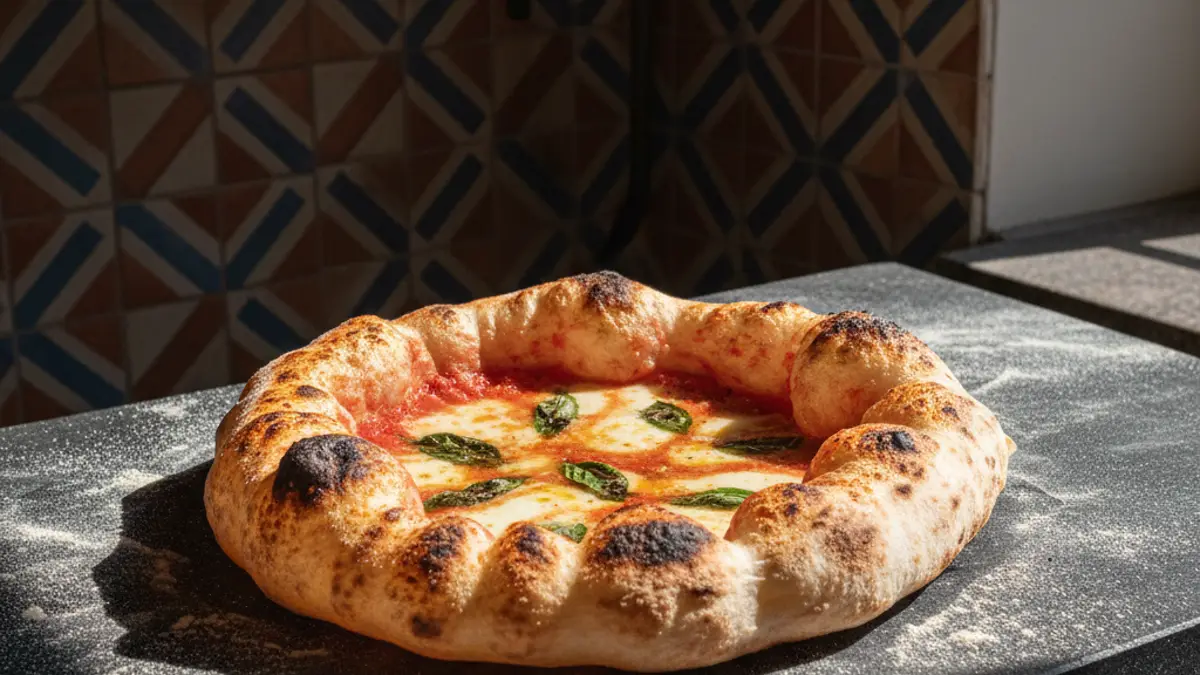 Pizza fraîchement cuite avec une croûte aérée