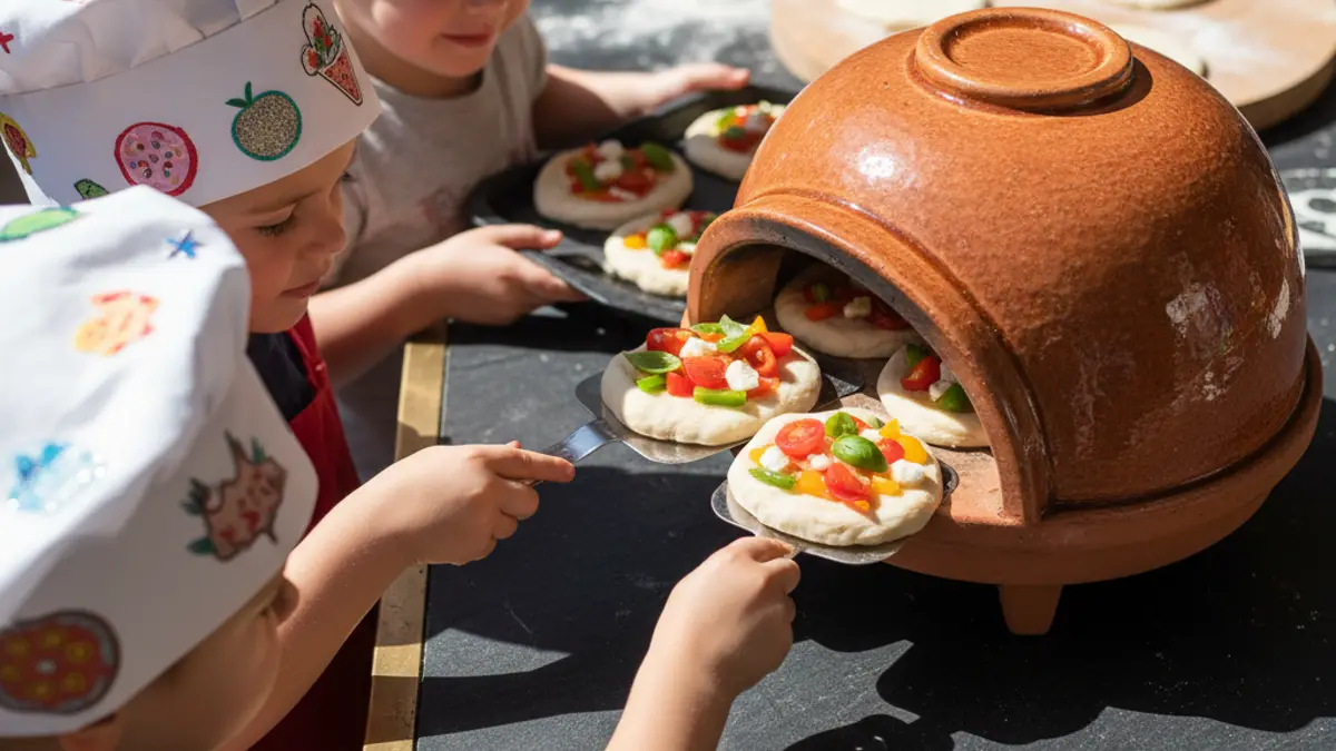 Enfants avec des toques de chef cuisant des mini-pizzas dans un four de table