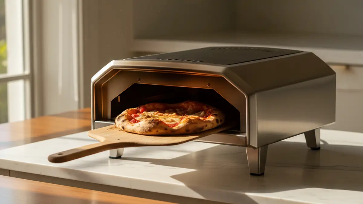 Mini-four à pizza compact sur une table à manger en bois