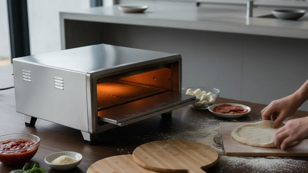 Mini-four à pizza sur une table à manger en bois avec de petites spatules et des ingrédients
