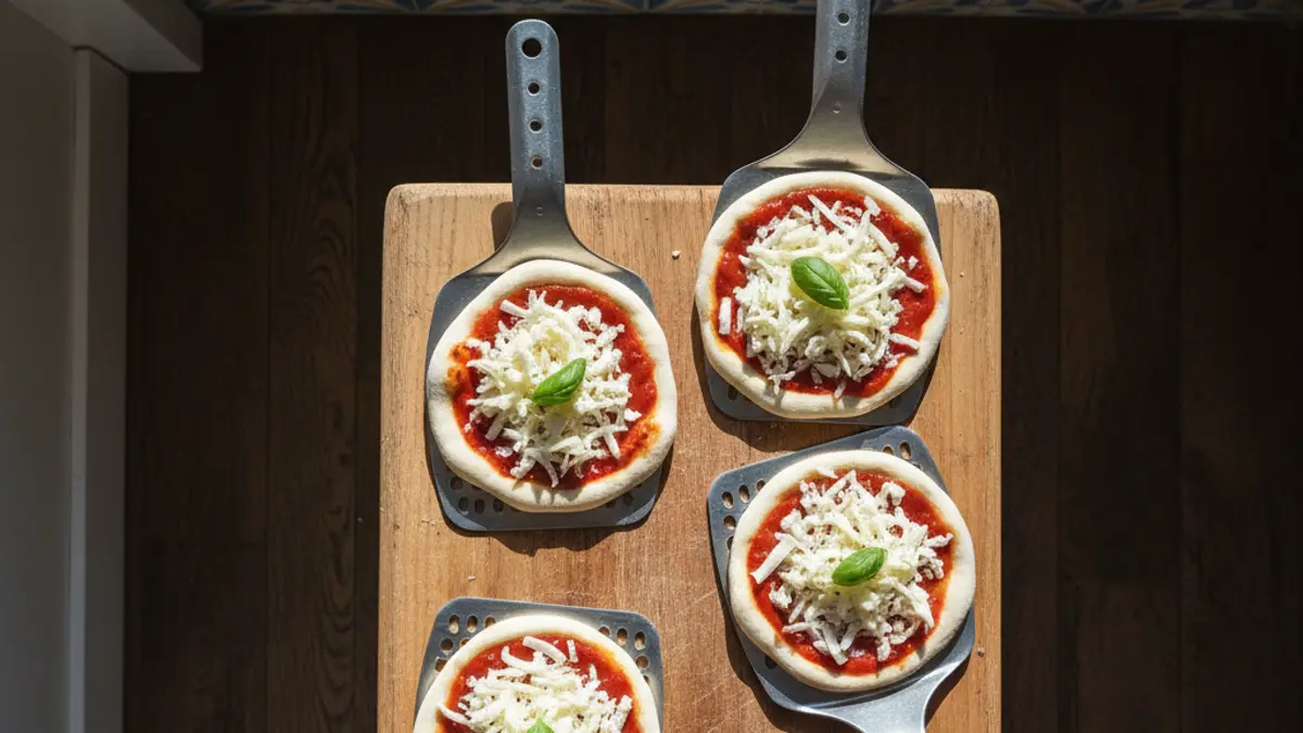 Petites mini-pizzas crues sur des spatules individuelles prêtes pour le four