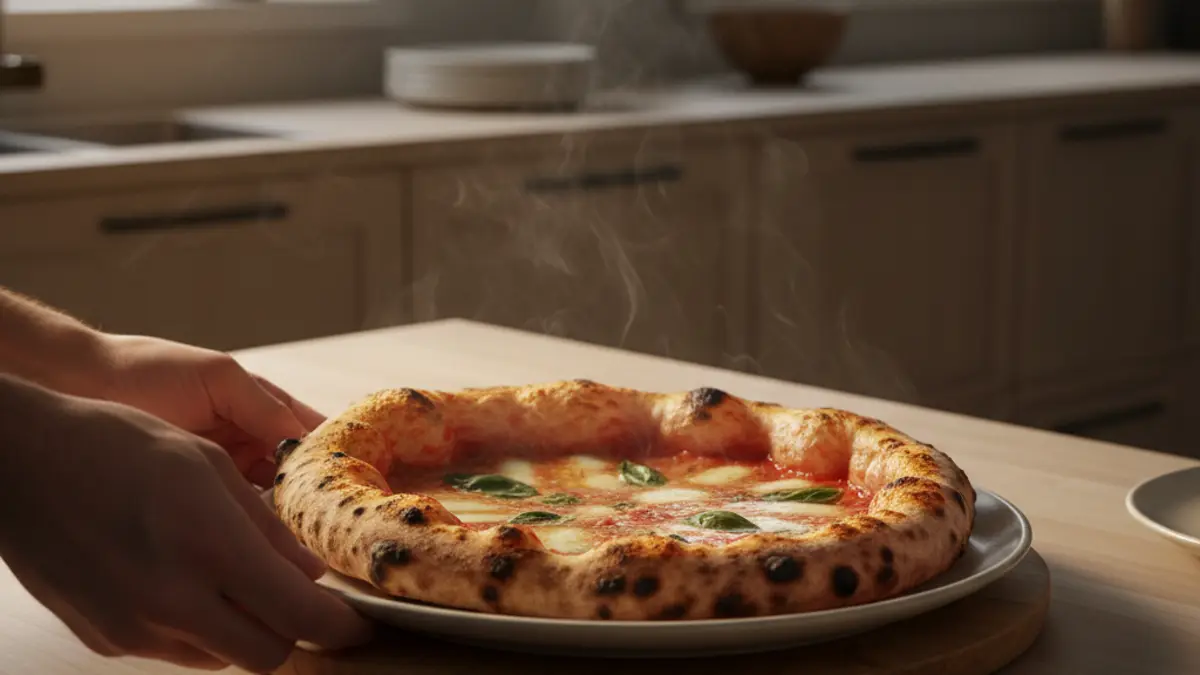 Pizza napolitaine avec un bord aéré et des petites taches dorées