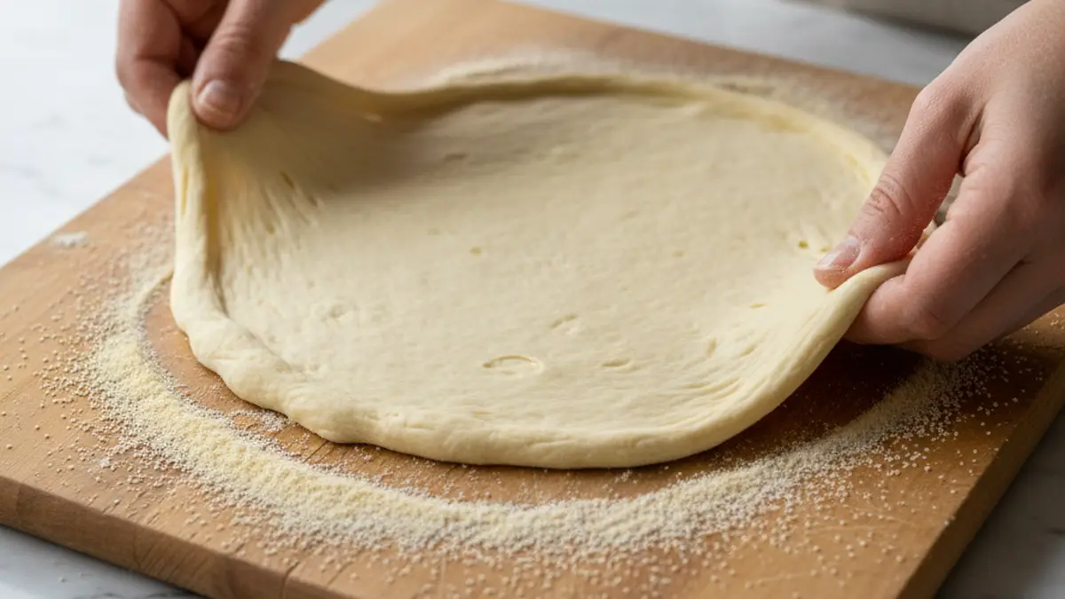 Étalage manuel de la pâte à pizza avec de la semoule sur le plan de travail