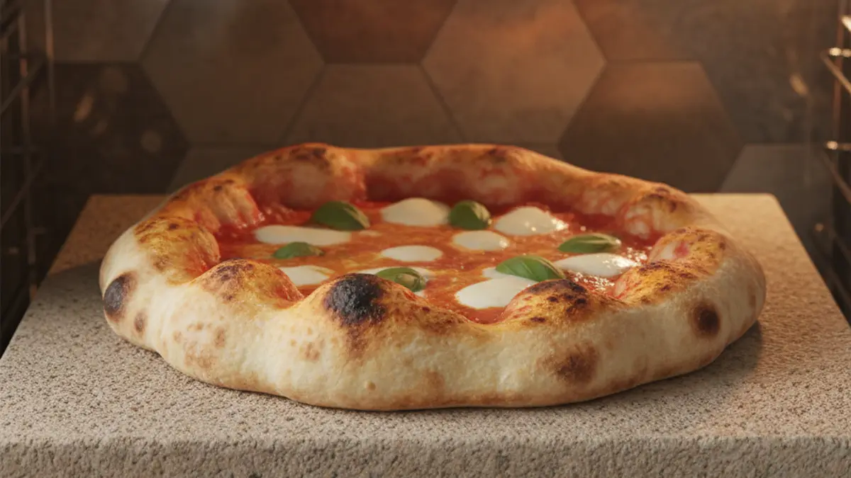 Une pizza cuit sur une pierre à pizza au niveau inférieur du four