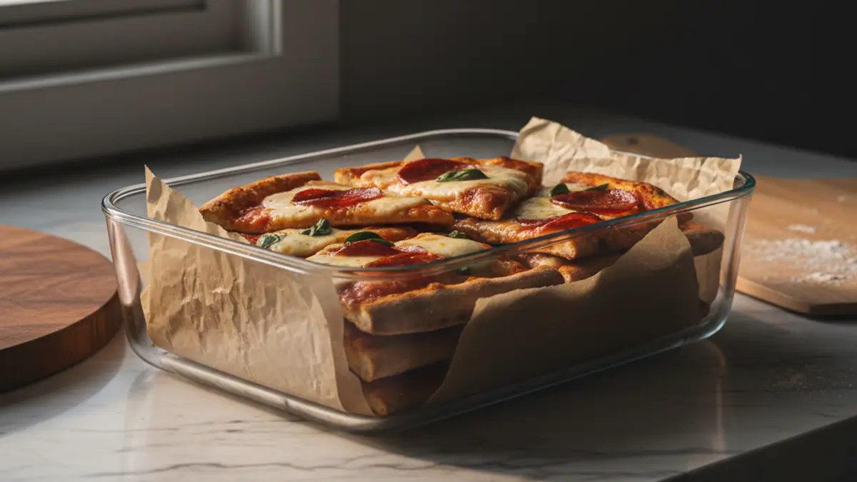 Parts de pizza cuites soigneusement conservées dans une boîte en verre avec du papier cuisson