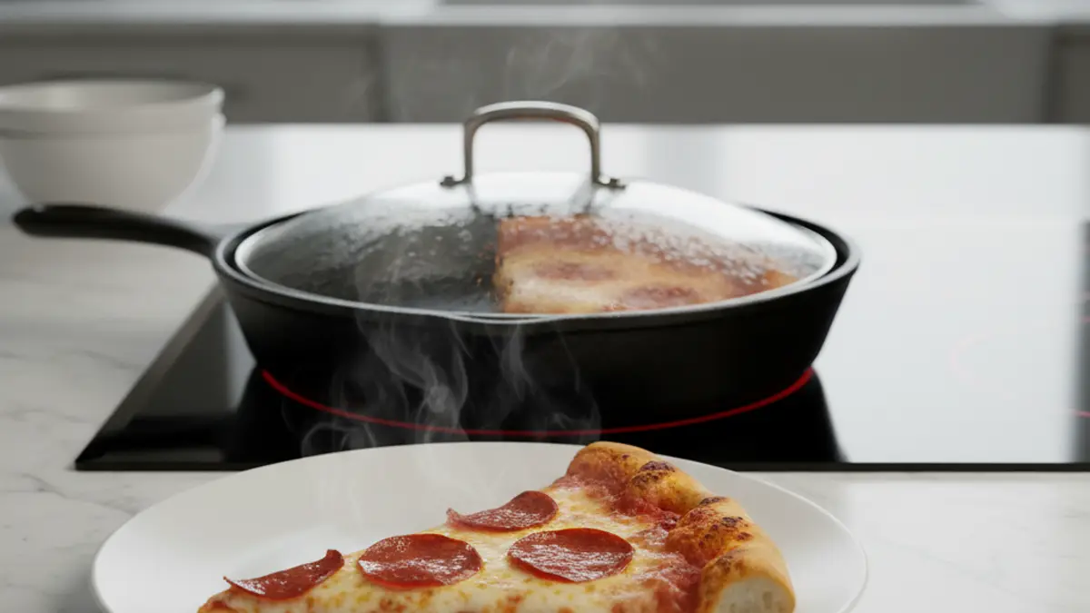 Réchauffer une part de pizza dans une poêle en fonte sèche avec un couvercle