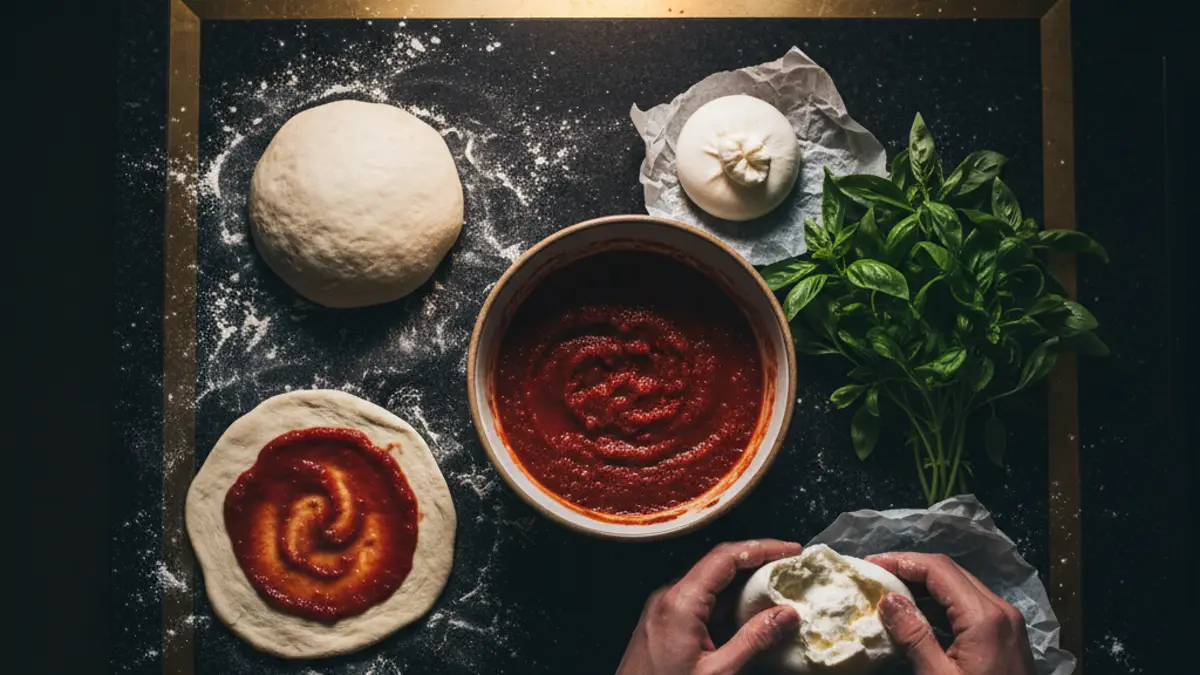 Ingrédients pour pizza à la burrata fraîche sur le plan de travail