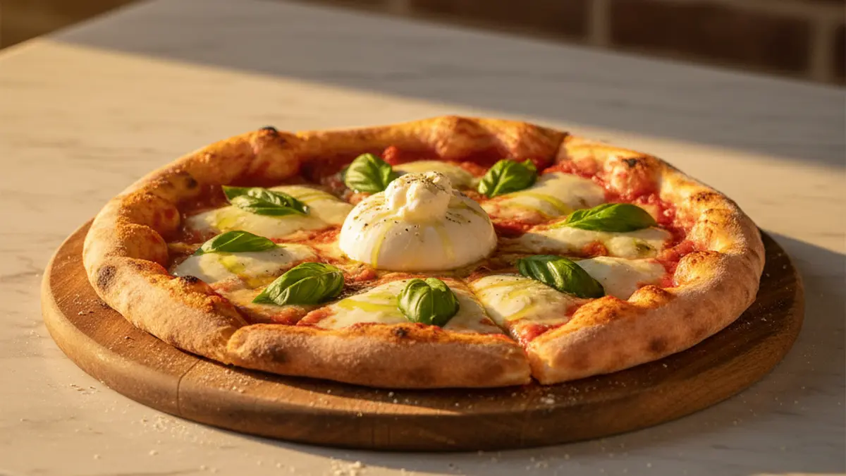 Pizza coupée avec burrata fondante et basilic frais