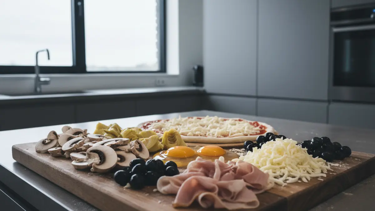 Ingrédients préparés sur un plan de travail en bois pour pizza capricciosa