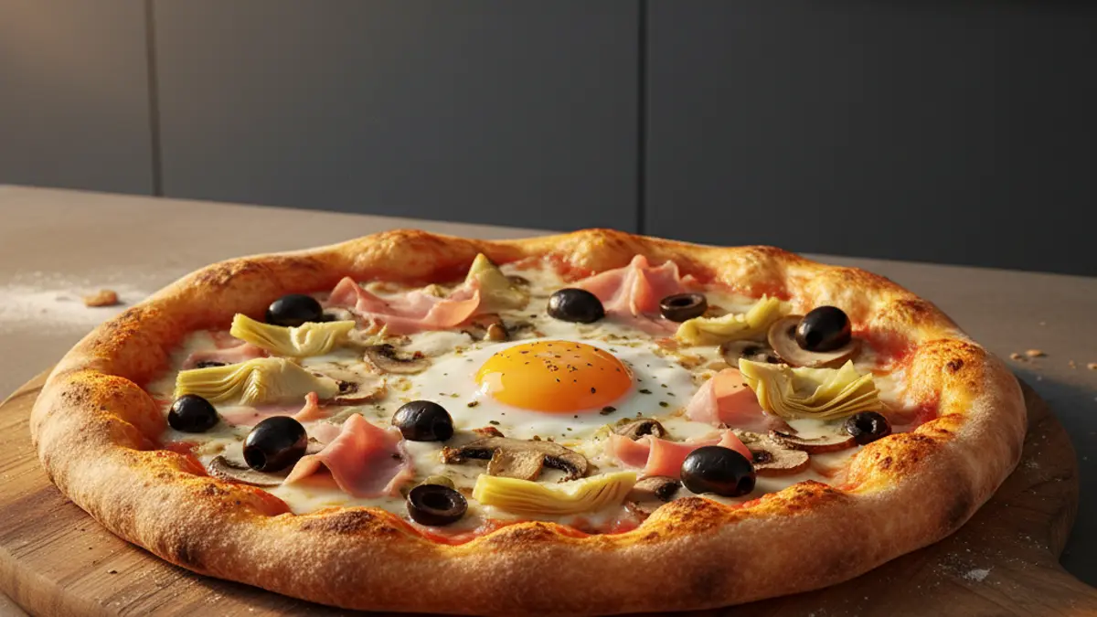 Pizza capricciosa cuite avec un œuf mollet au centre