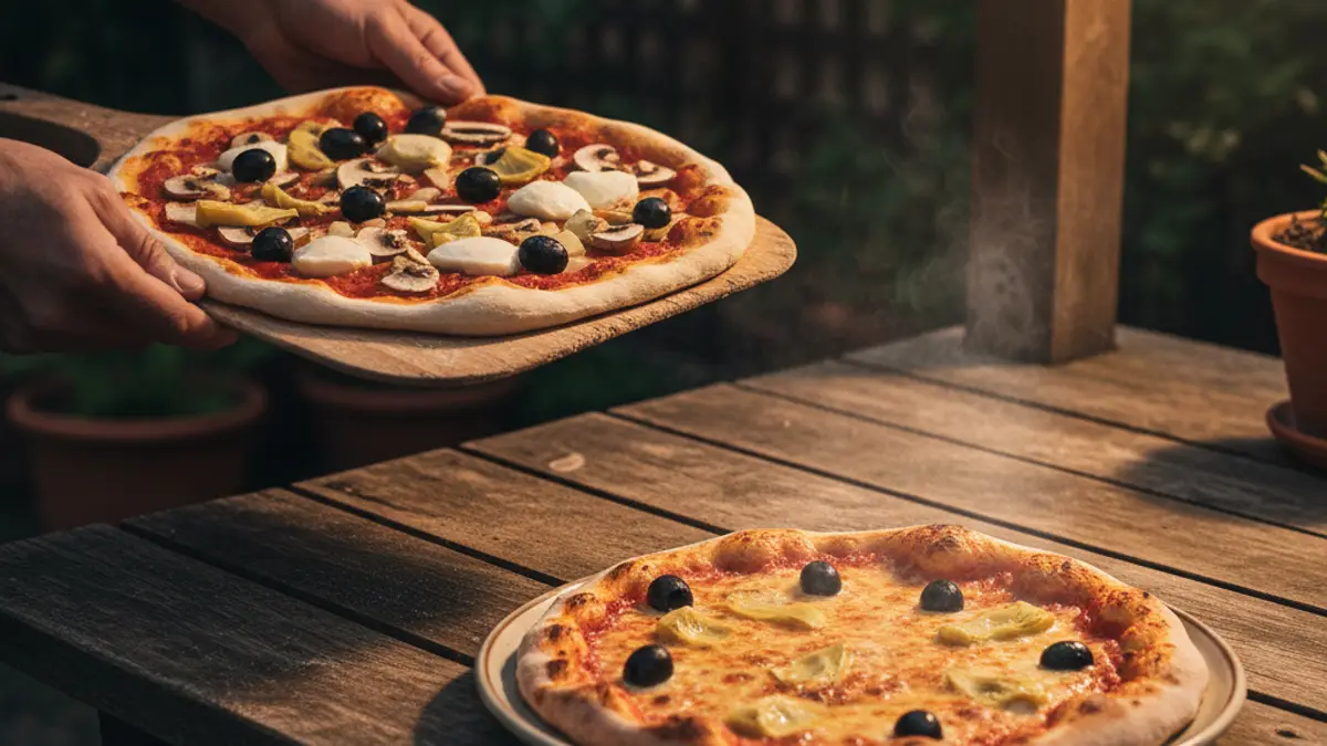Pizza capricciosa crue avec champignons, artichaut et olives sur un plan de travail en bois