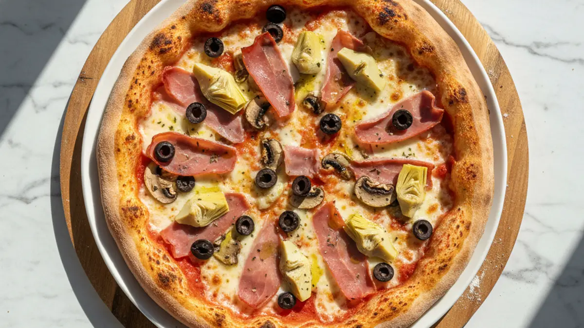 Pizza capricciosa fraîchement cuite avec mozzarella fondue, jambon et artichauts