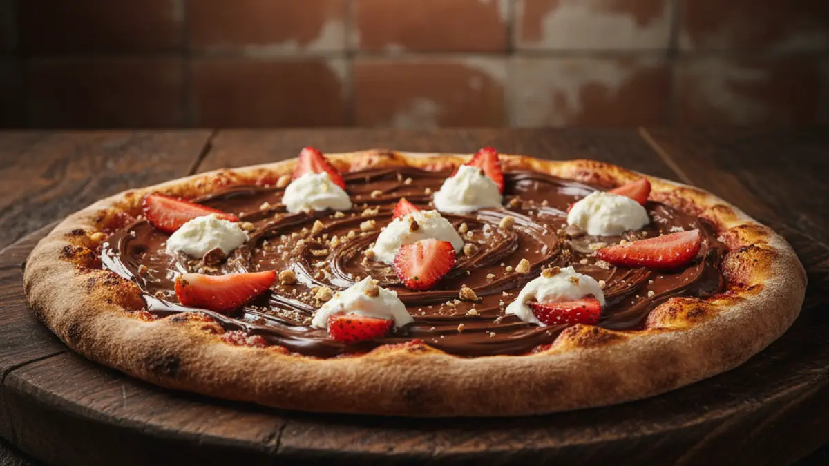 Pizza dessert avec pâte à tartiner chocolat-noisette, mascarpone et fraises fraîches