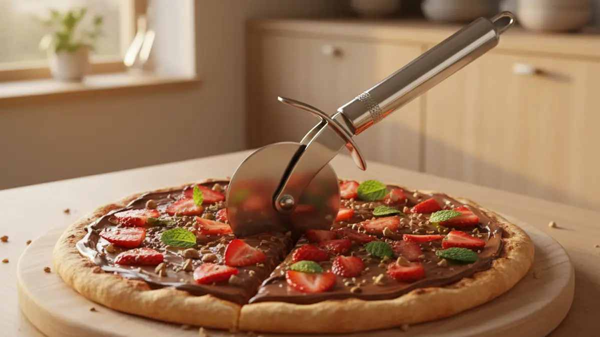 Découpe d'une pizza dessert avec une roulette à pizza