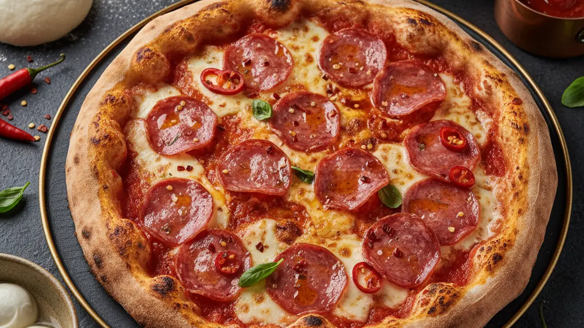 Ingrédients pour une pizza diavola sur un plan de travail