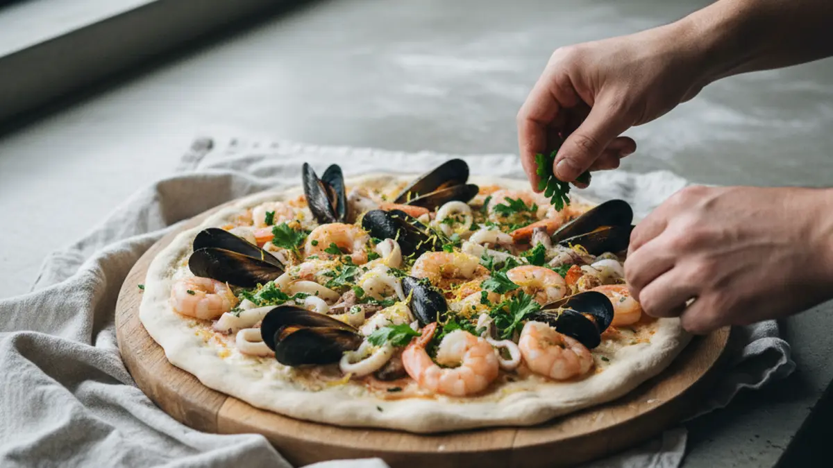 Pizza fraîchement cuite avec moules, crevettes et zestes de citron sur une surface en pierre