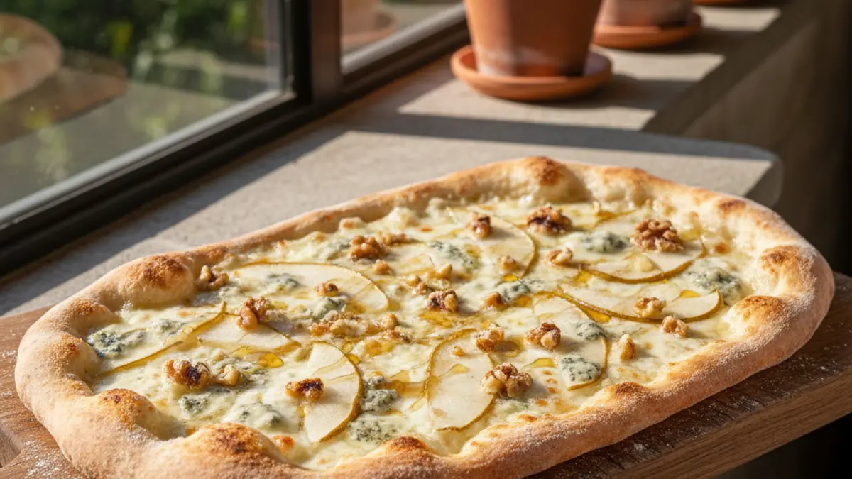 Pizza fraîchement cuite au gorgonzola, fines tranches de poire et noix sur une planche en bois
