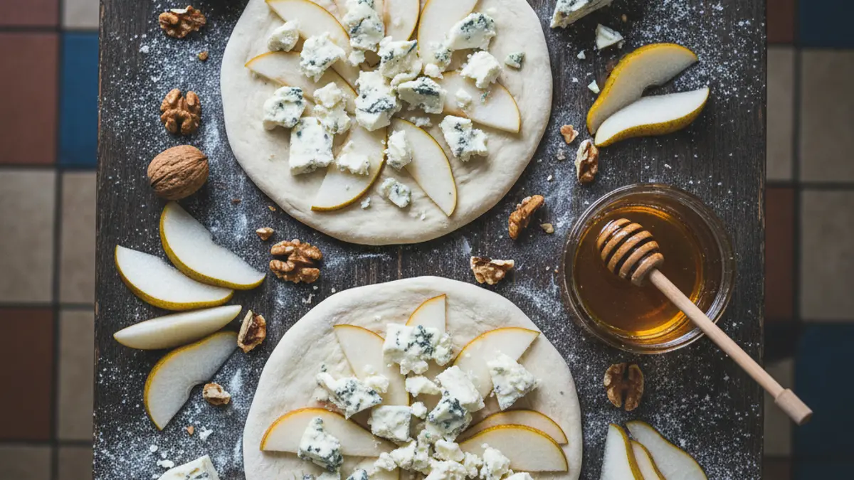 Ingrédients pour pizza au gorgonzola et à la poire soigneusement préparés sur la table