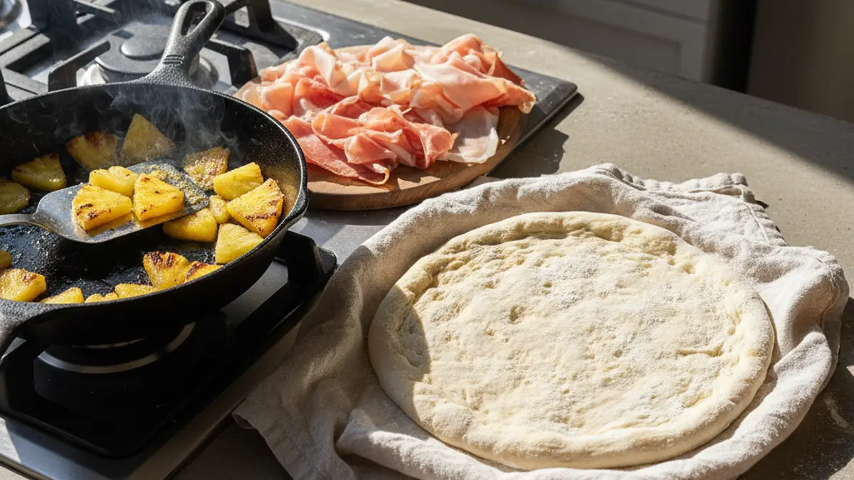 Dés d'ananas grillés dans une poêle pour pizza hawaienne