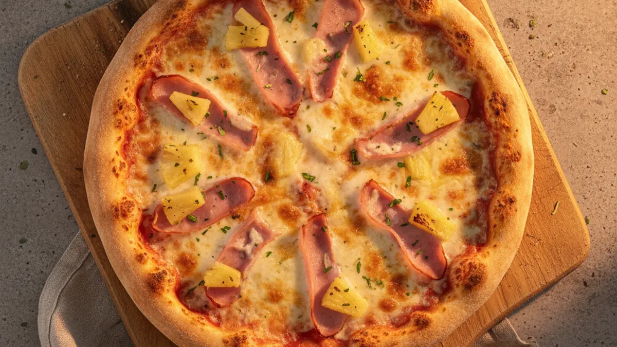 Pizza hawaienne fraîchement cuite avec du jambon et de l'ananas sur une planche en bois