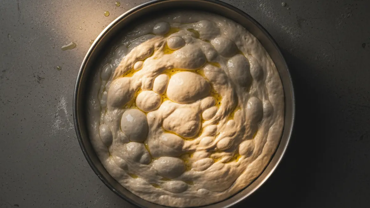 Pâte aérée pour pizza in teglia dans une plaque de cuisson huilée