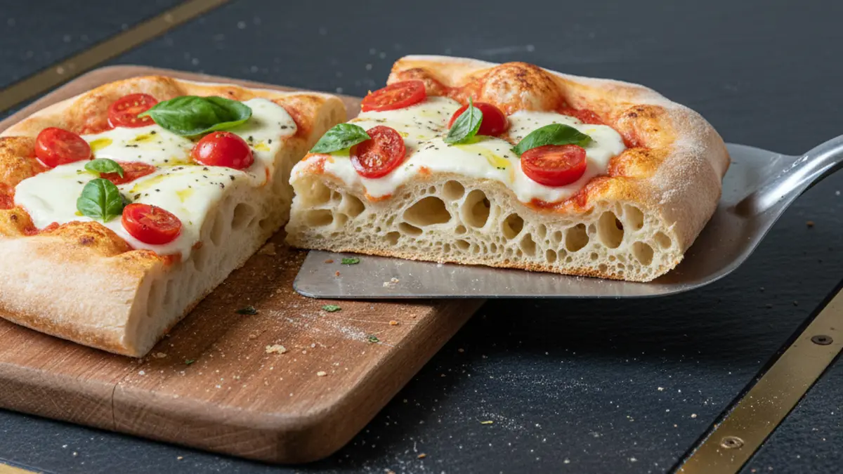 Luchtige Romeinse plaatpizza met grote bellen in het deeg