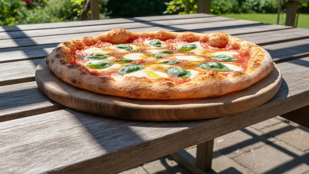 Pizza cuite garnie de feuilles de basilic frais et d'huile d'olive