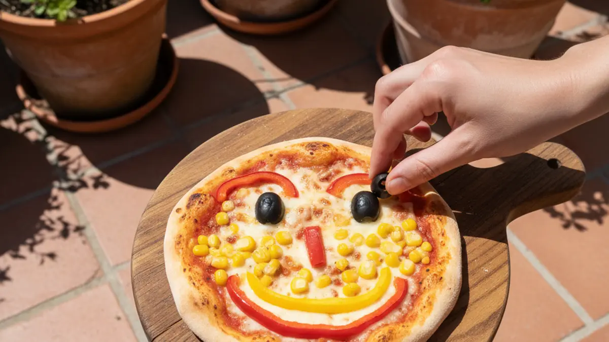 Vers gebakken kinderpizza met een vrolijk gezicht van groenten
