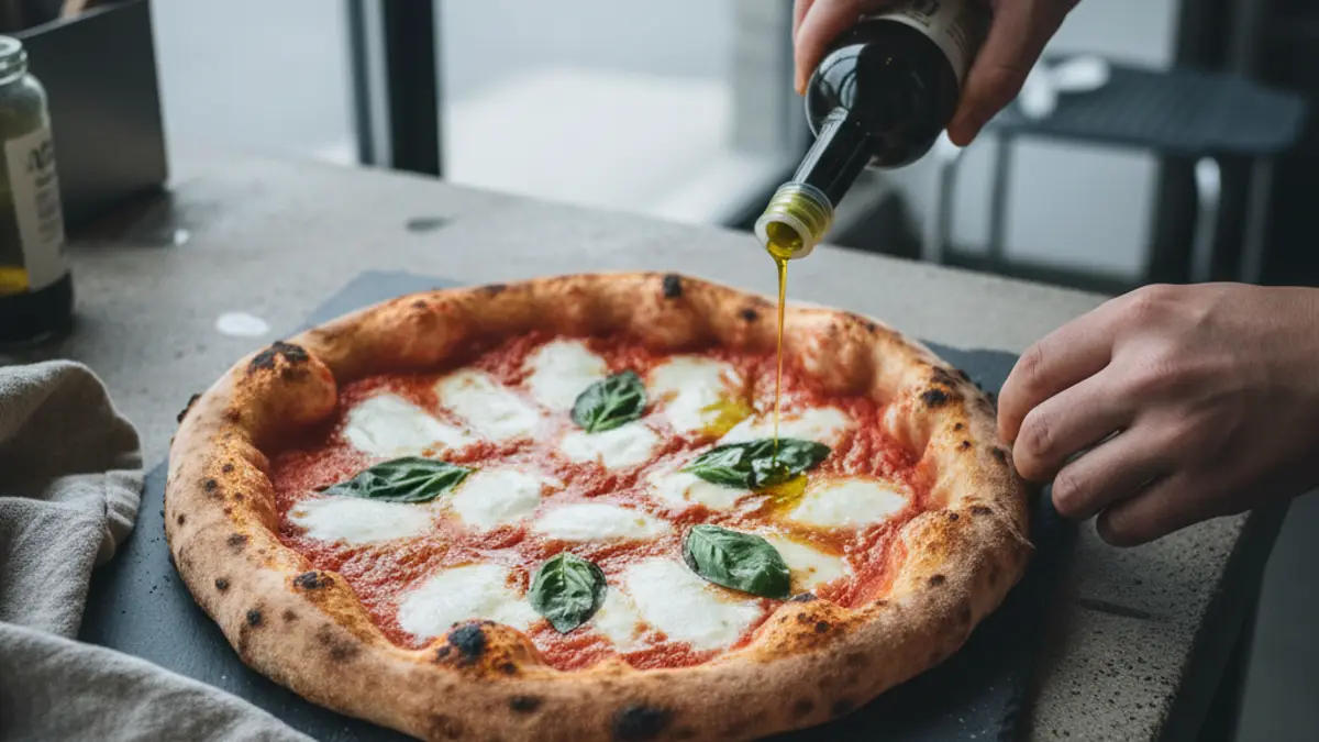 Pizza margherita cuite avec mozzarella de bufflonne et basilic
