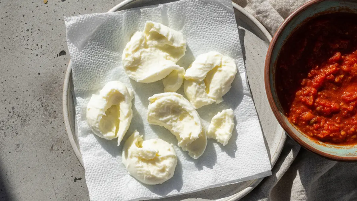 Morceaux de mozzarella égouttés sur du papier absorbant