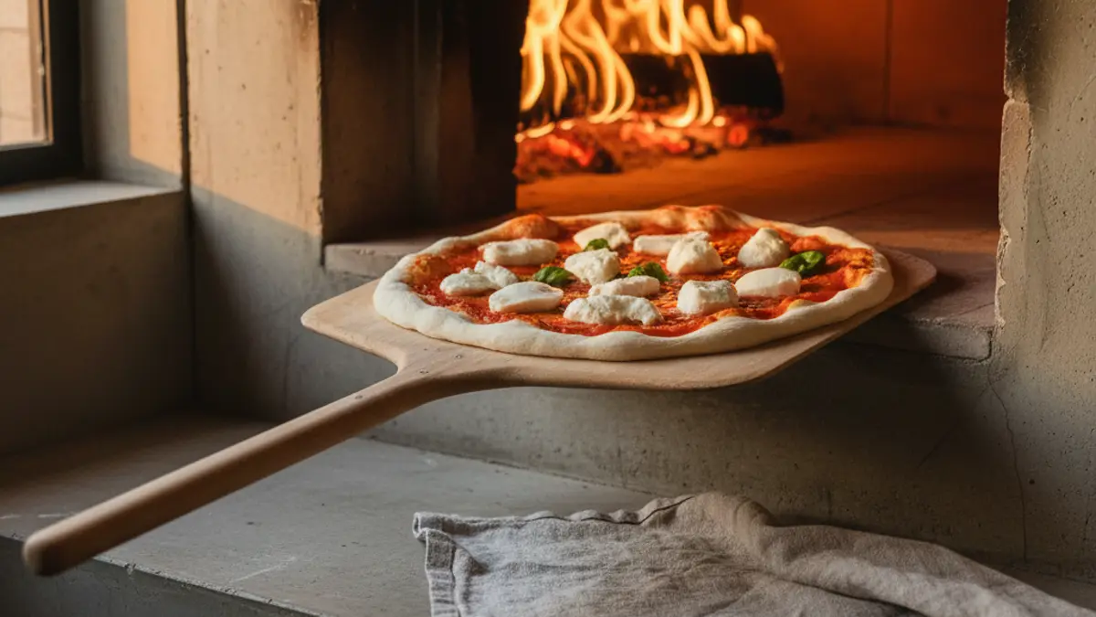 Enfourner une pizza margherita à l'aide d'une pelle à pizza dans le four