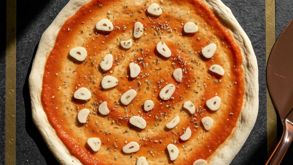 Pizza marinara non cuite avec sauce tomate, lamelles d'ail et origan