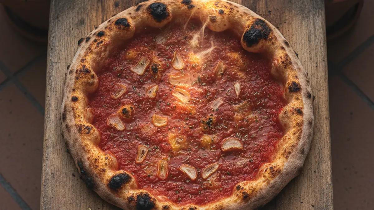 Pizza marinara fraîchement cuite avec croûte croustillante et sauce tomate brillante