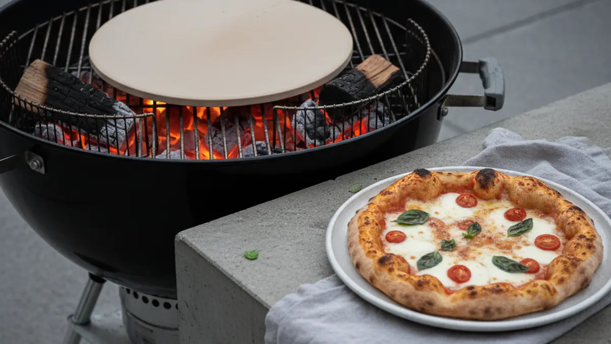 Pierre à pizza sur un barbecue avec disposition indirecte du charbon