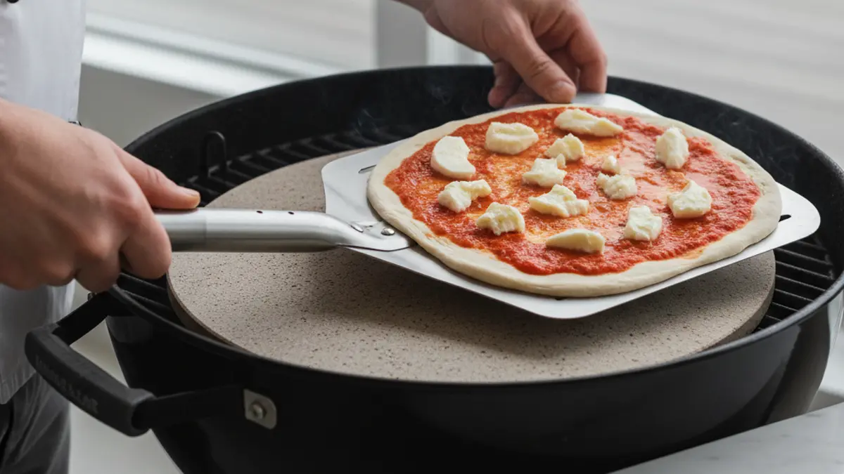 Glisser une pizza sur le barbecue avec une pelle