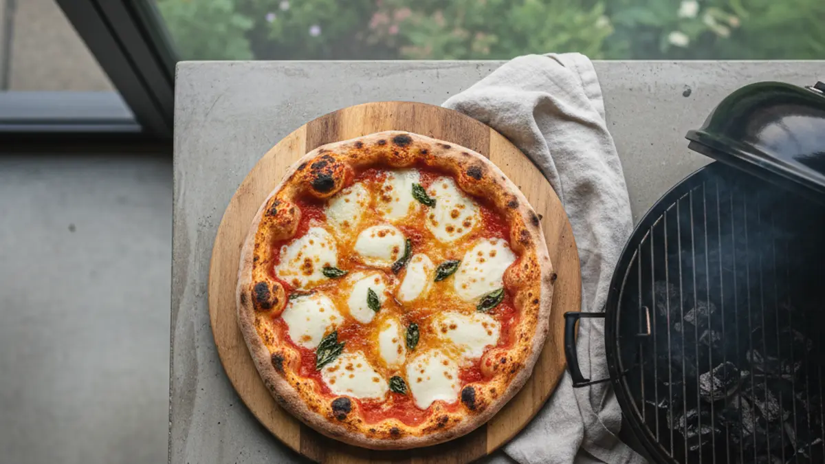 Pizza fraîchement cuite au barbecue avec une croûte aérée