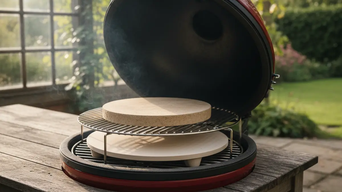 Installation indirecte avec déflecteur et pierre à pizza dans un kamado