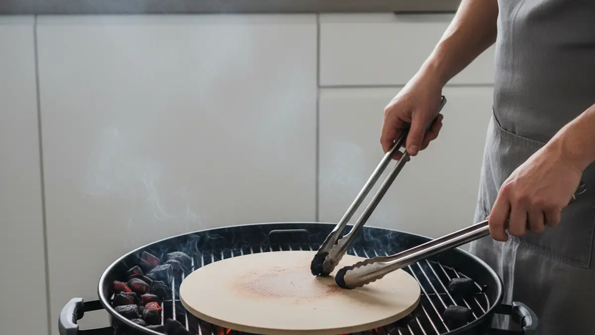 Pierre à pizza ronde au centre d'un barbecue boule avec disposition indirecte du charbon