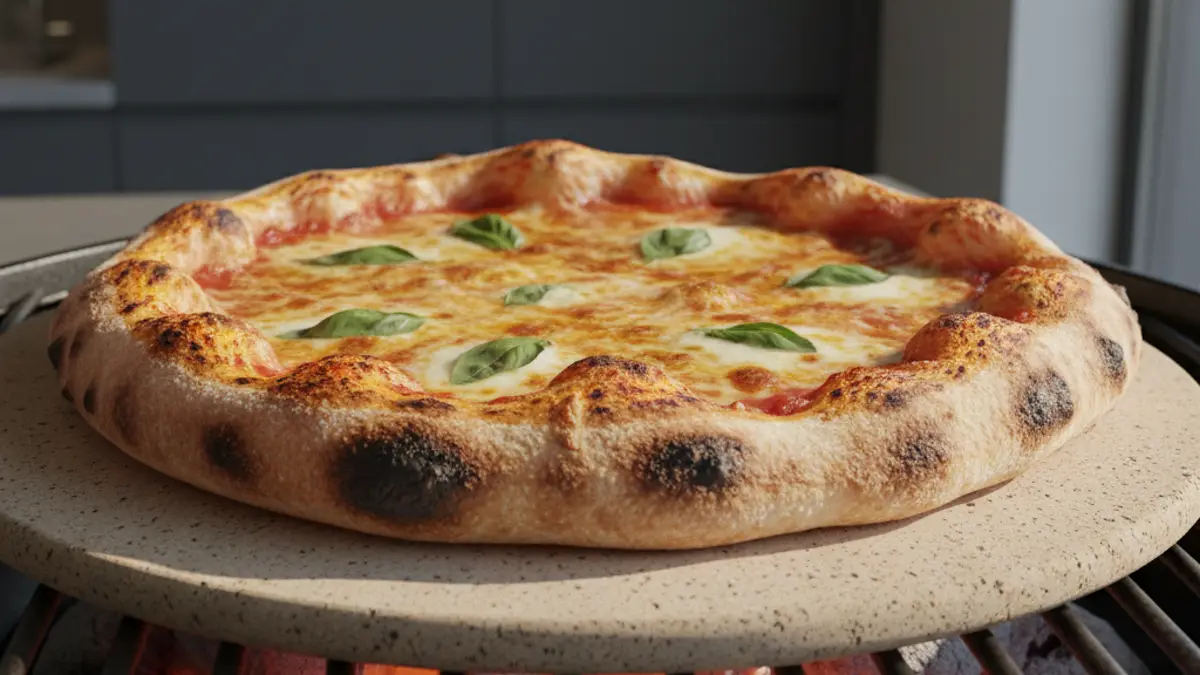 Pizza croustillante fraîchement cuite avec du fromage fondu sur une pierre à pizza chaude dans un barbecue