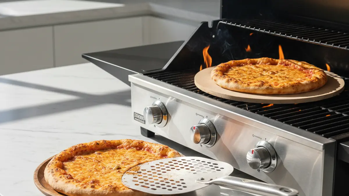 Retirer la pizza du barbecue avec une pelle en métal