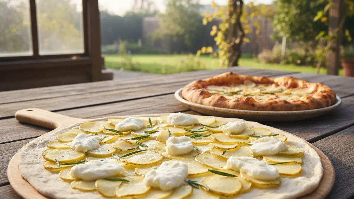 Préparation de la pâte à pizza avec de fines rondelles de pommes de terre et du romarin