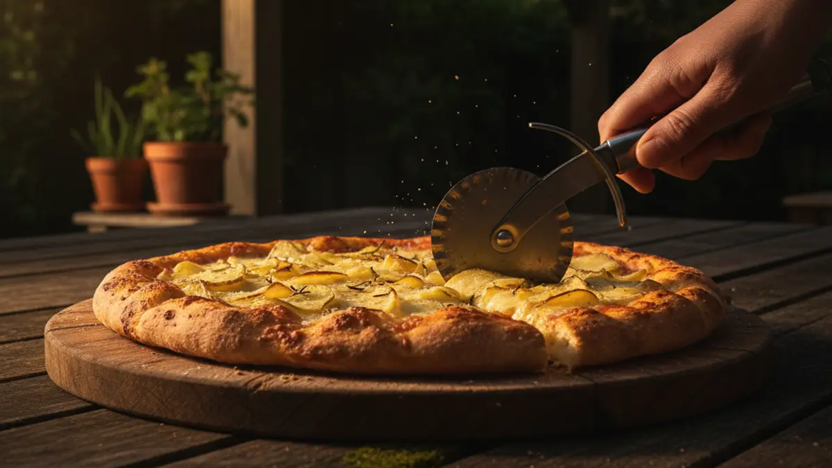 Pizza aux pommes de terre croustillante découpée sur une planche en bois