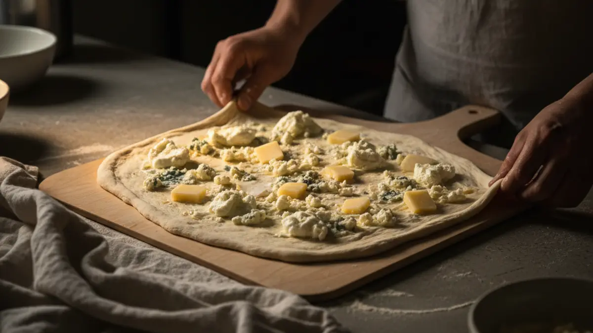 Pâte à pizza sur une pelle garnie de morceaux de gorgonzola et de fontina