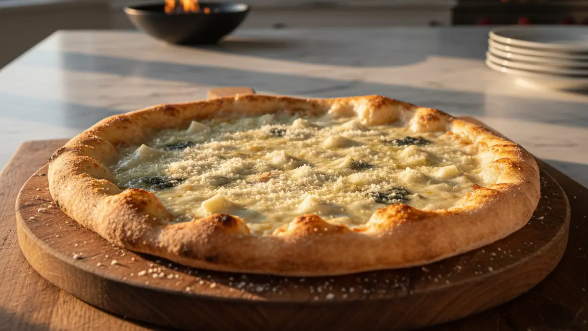 Pizza quattro formaggi fraîchement cuite aux quatre fromages fondus